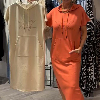 Relaxed Hooded Maxi Dress – Soft Cotton-Spandex, Adjustable Drawstring