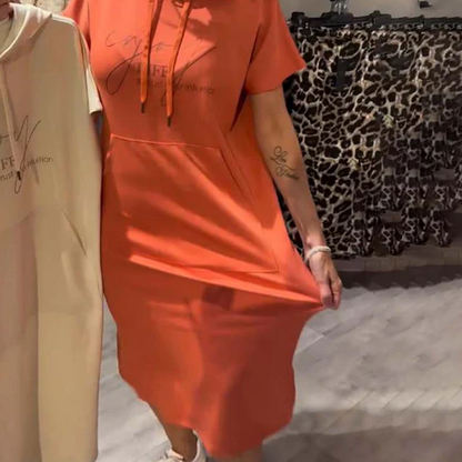 Relaxed Hooded Maxi Dress – Soft Cotton-Spandex, Adjustable Drawstring