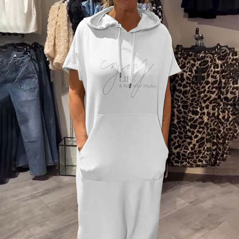 Relaxed Hooded Maxi Dress – Soft Cotton-Spandex, Adjustable Drawstring