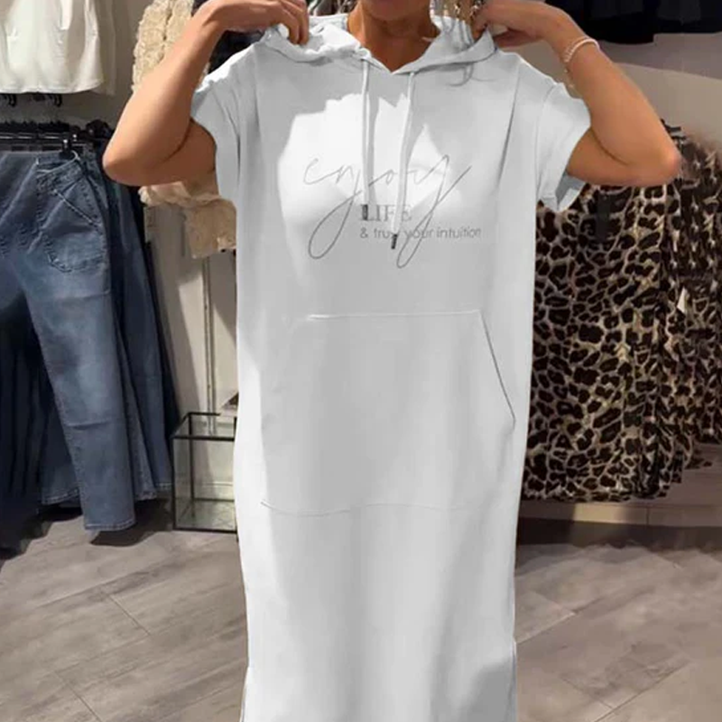 Relaxed Hooded Maxi Dress – Soft Cotton-Spandex, Adjustable Drawstring