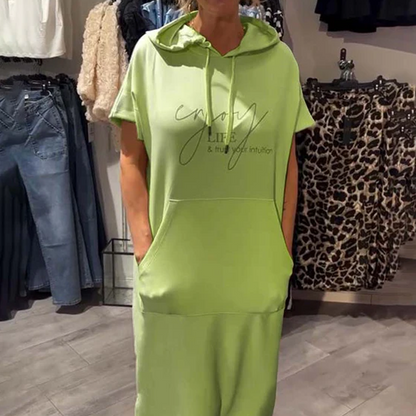 Relaxed Hooded Maxi Dress – Soft Cotton-Spandex, Adjustable Drawstring