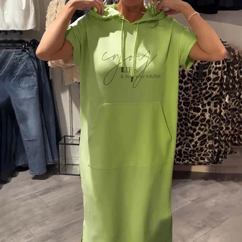 Relaxed Hooded Maxi Dress – Soft Cotton-Spandex, Adjustable Drawstring