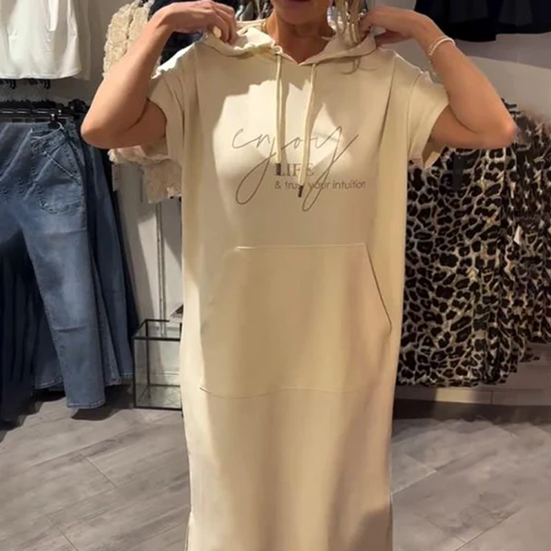 Relaxed Hooded Maxi Dress – Soft Cotton-Spandex, Adjustable Drawstring