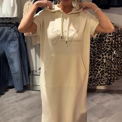 Relaxed Hooded Maxi Dress – Soft Cotton-Spandex, Adjustable Drawstring