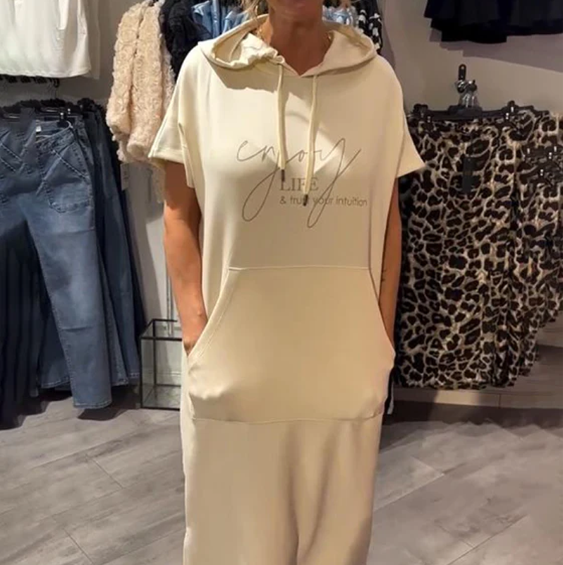 Relaxed Hooded Maxi Dress – Soft Cotton-Spandex, Adjustable Drawstring