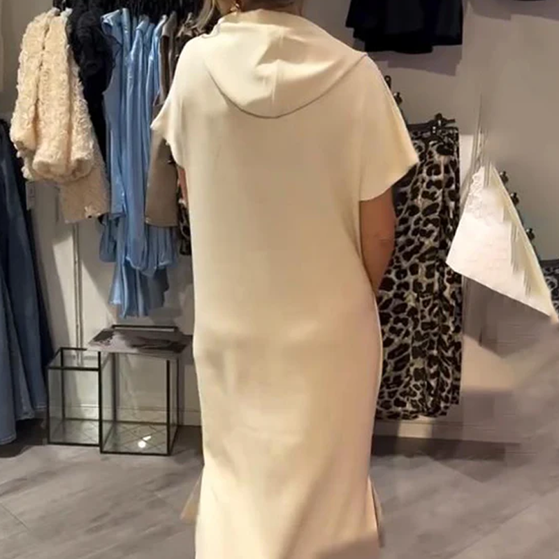 Relaxed Hooded Maxi Dress – Soft Cotton-Spandex, Adjustable Drawstring