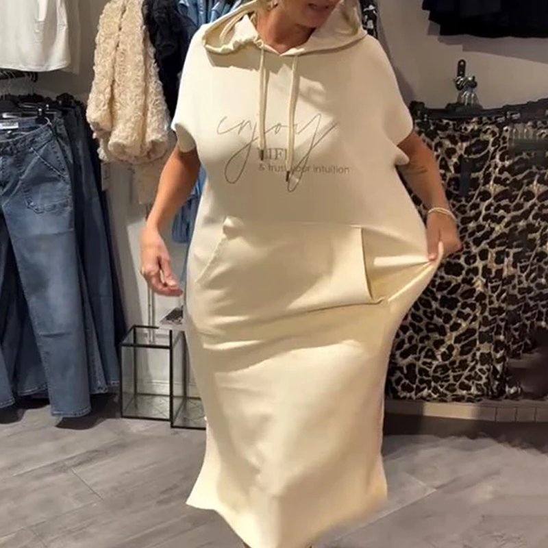 Relaxed Hooded Maxi Dress – Soft Cotton-Spandex, Adjustable Drawstring