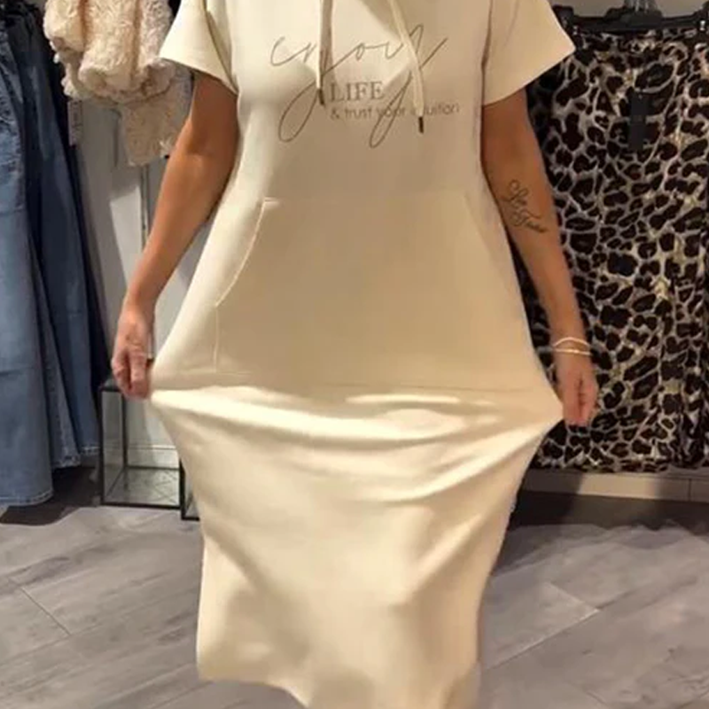 Relaxed Hooded Maxi Dress – Soft Cotton-Spandex, Adjustable Drawstring