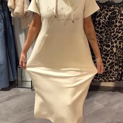 Relaxed Hooded Maxi Dress – Soft Cotton-Spandex, Adjustable Drawstring