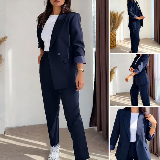Soft Tailored Blazer & Wide-Leg Pants Set – 2-Piece Casual Suit