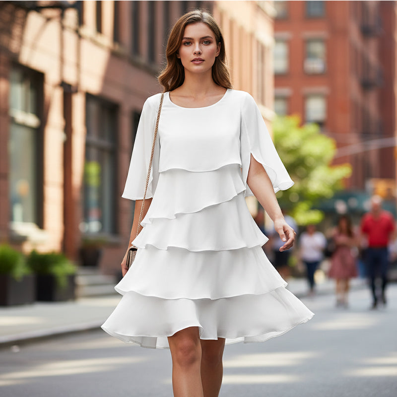 Ruffle Sleeve Swing Dress – Layered Detail, Crew Neck, Flowy Fit