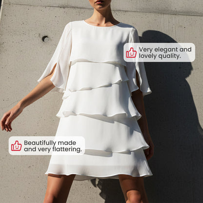 Ruffle Sleeve Swing Dress – Layered Detail, Crew Neck, Flowy Fit