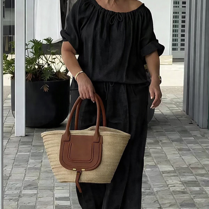 Drawstring Wide-Leg Lounge Set – Adjustable Top & Pockets