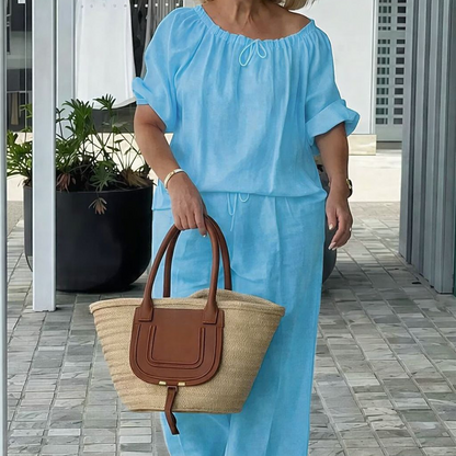 Drawstring Wide-Leg Lounge Set – Adjustable Top & Pockets