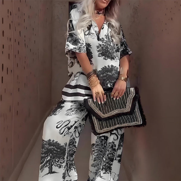 Printed V-Neck Top & Wide-Leg Pants Set – Floral Lounge Set