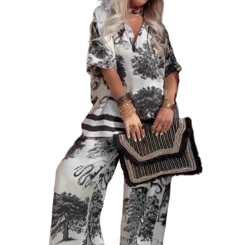 Printed V-Neck Top & Wide-Leg Pants Set – Floral Lounge Set
