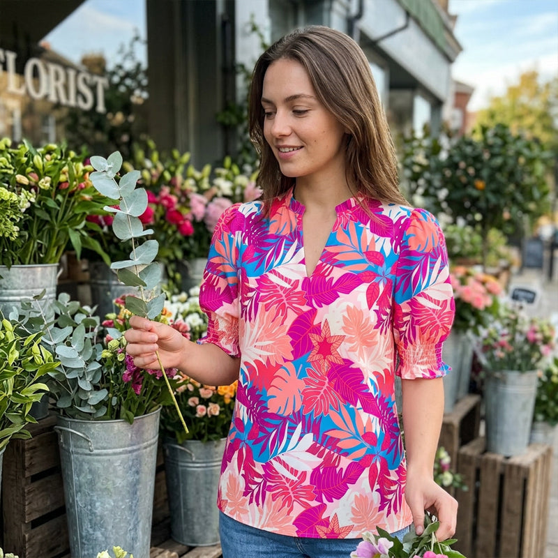 Floral Puff Sleeve Top – V-Neck, Relaxed Fit