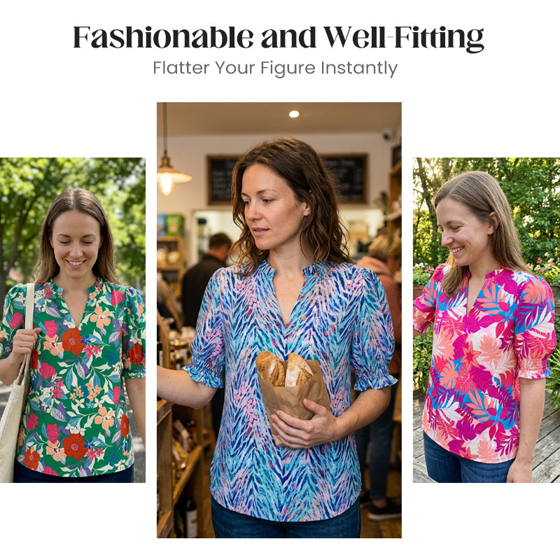 Floral Puff Sleeve Top – V-Neck, Relaxed Fit