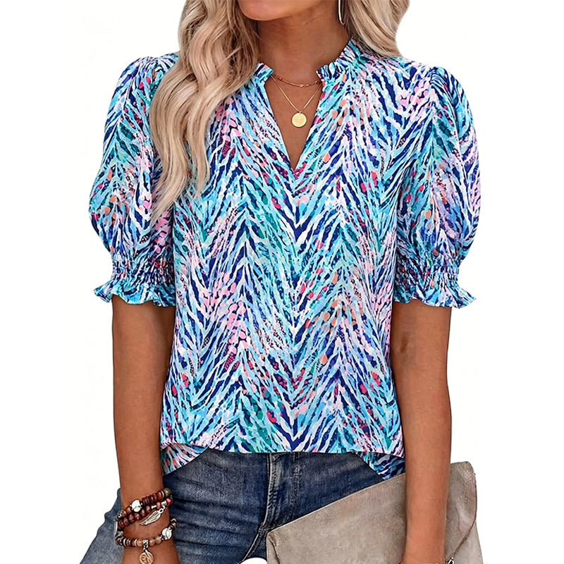 Floral Puff Sleeve Top – V-Neck, Relaxed Fit