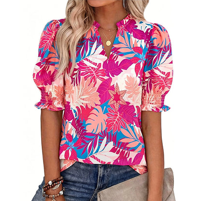 Floral Puff Sleeve Top – V-Neck, Relaxed Fit