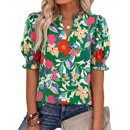 Floral Puff Sleeve Top – V-Neck, Relaxed Fit