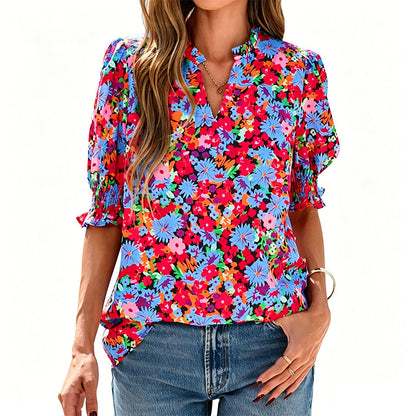 Floral Puff Sleeve Top – V-Neck, Relaxed Fit