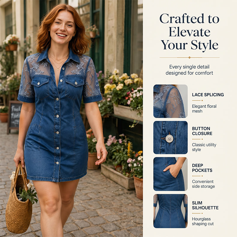 Women's Embroidered Denim Mini Dress – Short Sleeve Button Front Casual Dress