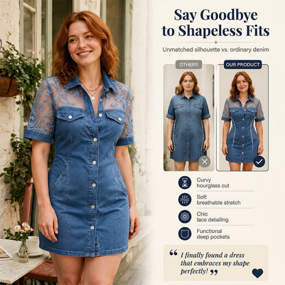 Women's Embroidered Denim Mini Dress – Short Sleeve Button Front Casual Dress