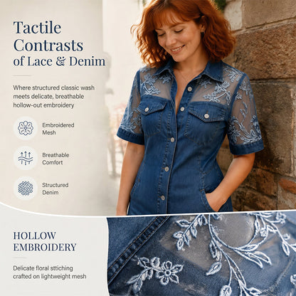 Women's Embroidered Denim Mini Dress – Short Sleeve Button Front Casual Dress