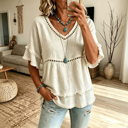 Women's Bohemian V Neck Embroidered Blouse