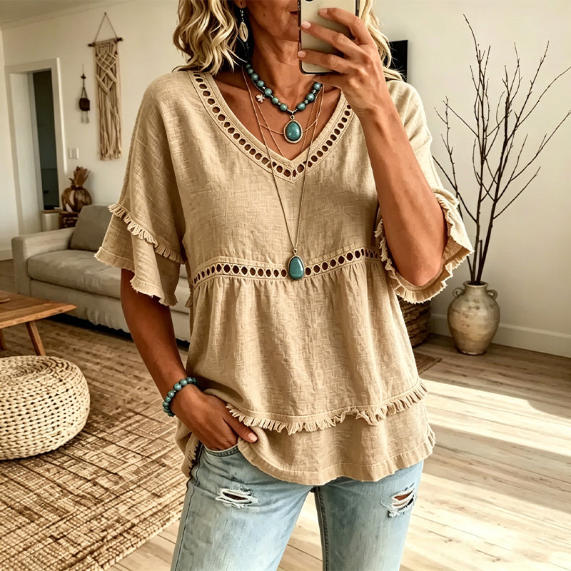 Women's Bohemian V Neck Embroidered Blouse