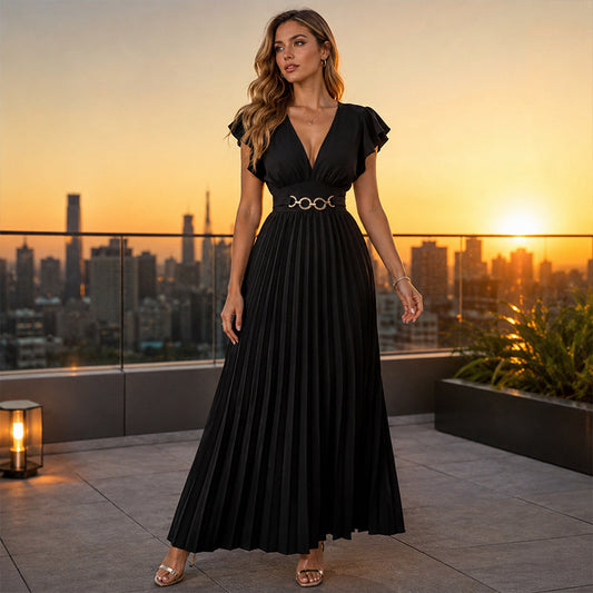 Women's Elegant V Neck Pleated Maxi Dress