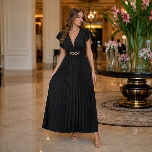 Women's Elegant V Neck Pleated Maxi Dress