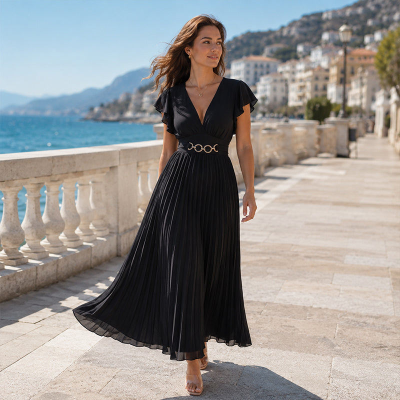 Women's Elegant V Neck Pleated Maxi Dress