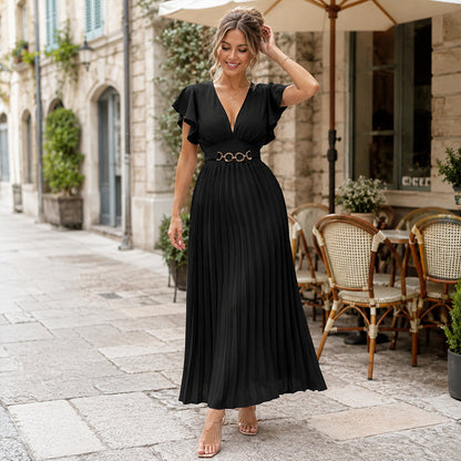 Women's Elegant V Neck Pleated Maxi Dress