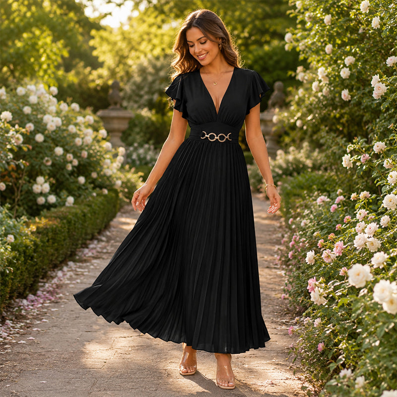 Women's Elegant V Neck Pleated Maxi Dress