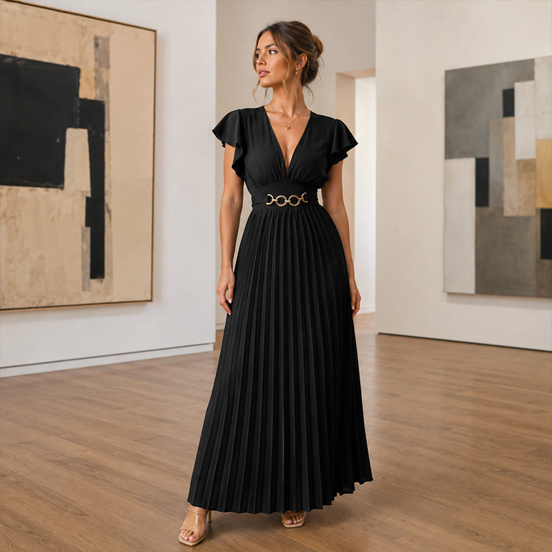 Women's Elegant V Neck Pleated Maxi Dress
