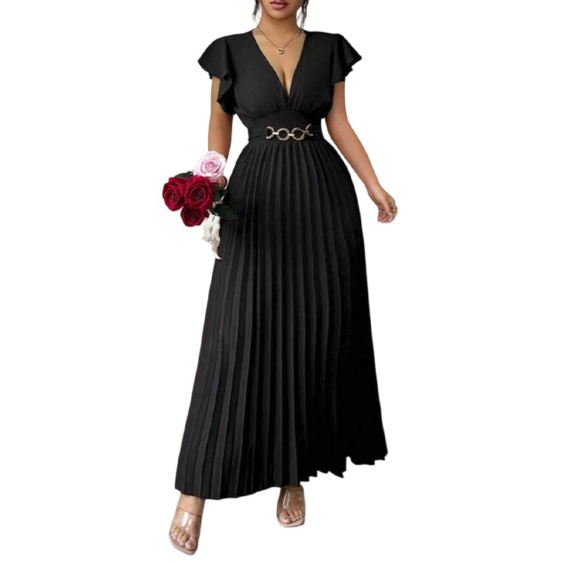 Women's Elegant V Neck Pleated Maxi Dress