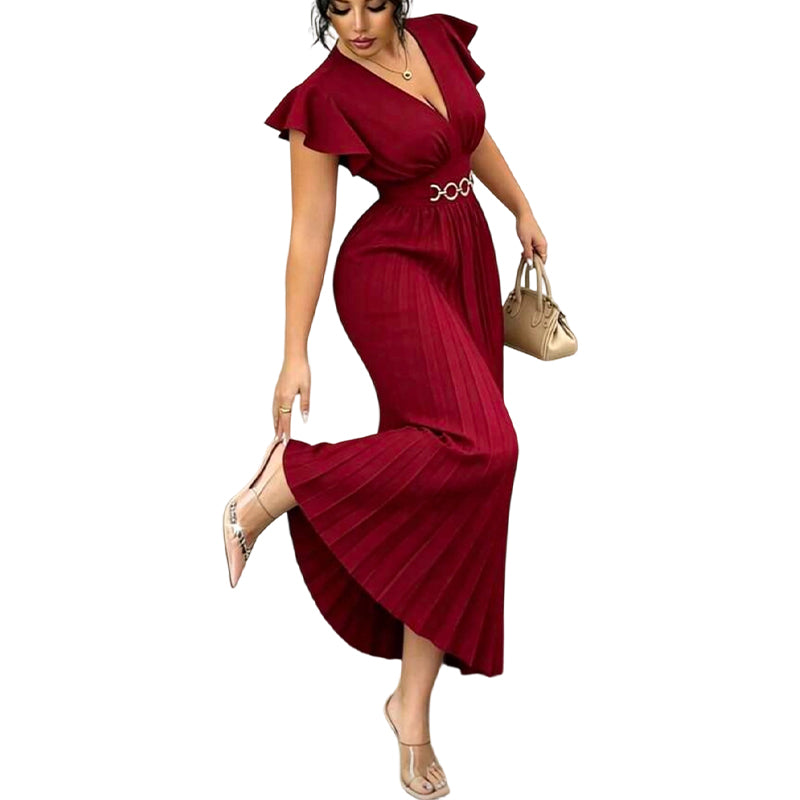 Women's Elegant V Neck Pleated Maxi Dress