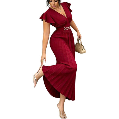 Women's Elegant V Neck Pleated Maxi Dress
