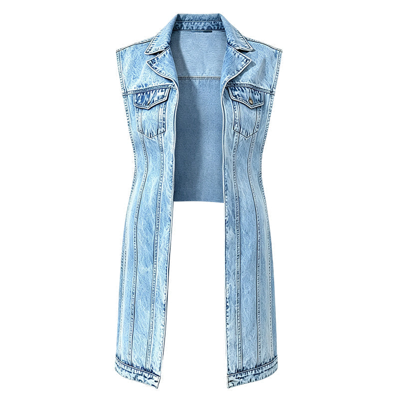 Women's Longline Sleeveless Denim Vest Jacket