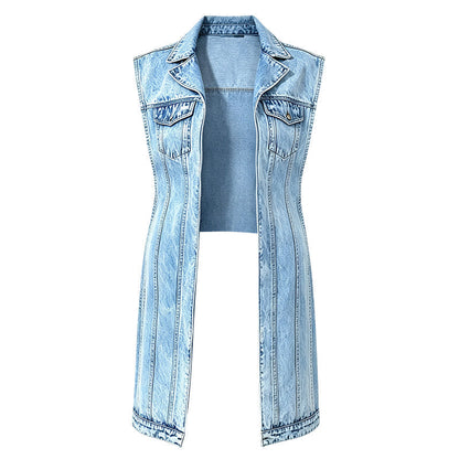 Women's Longline Sleeveless Denim Vest Jacket