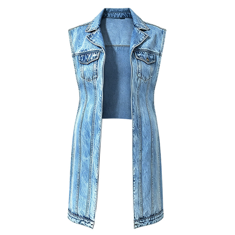 Women's Longline Sleeveless Denim Vest Jacket