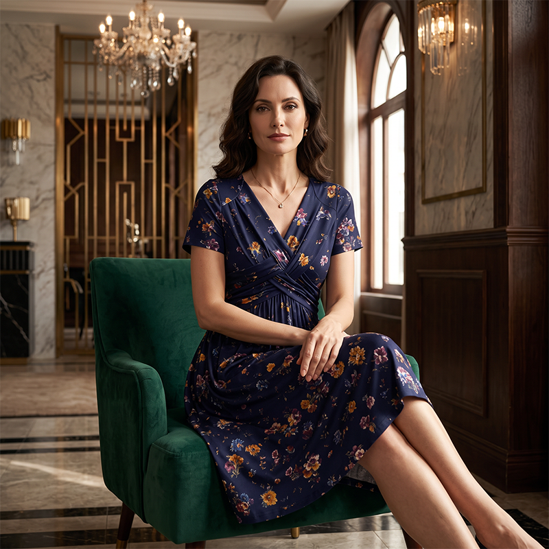 Women's Floral V-Neck Twist-Waist Midi Dress