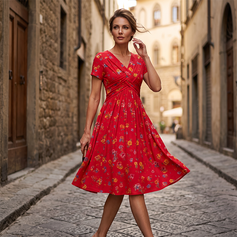 Women's Floral V-Neck Twist-Waist Midi Dress