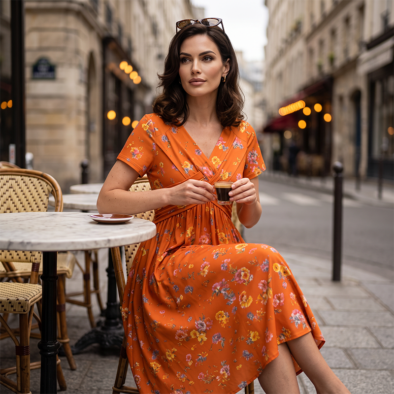 Women's Floral V-Neck Twist-Waist Midi Dress
