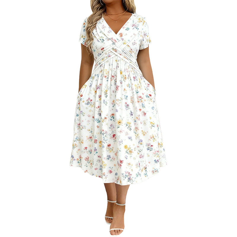 Women's Floral V-Neck Twist-Waist Midi Dress