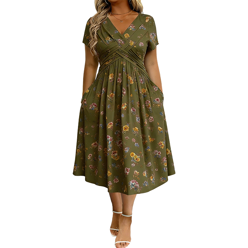 Women's Floral V-Neck Twist-Waist Midi Dress