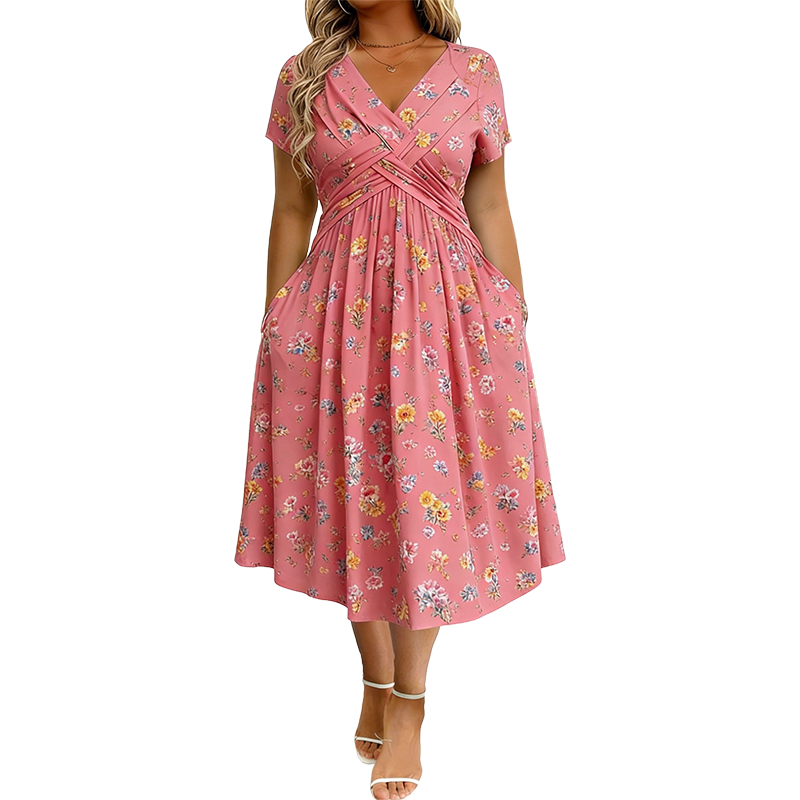 Women's Floral V-Neck Twist-Waist Midi Dress