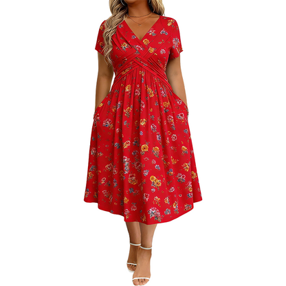 Women's Floral V-Neck Twist-Waist Midi Dress